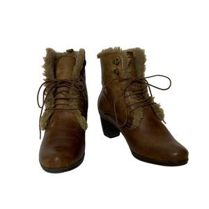 Pikolinos Womens Fur-Lined Leather Ankle Boots Size 37 With Lace-Up & Block Heel